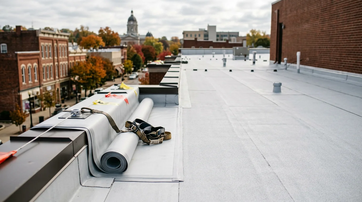 Commercial roofing contractor installing metal roofing system on Bloomington industrial building