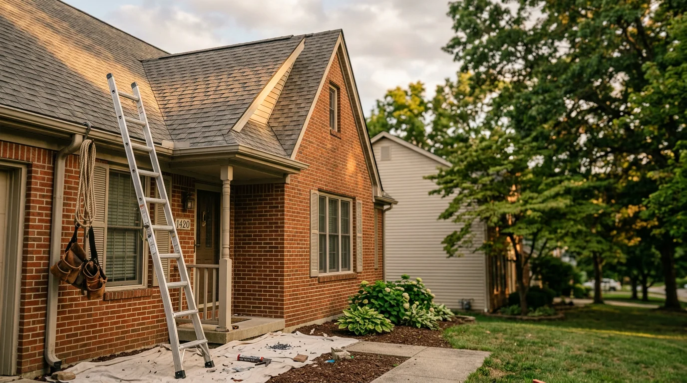 Professional roofer installing new residential shingles on Bloomington home