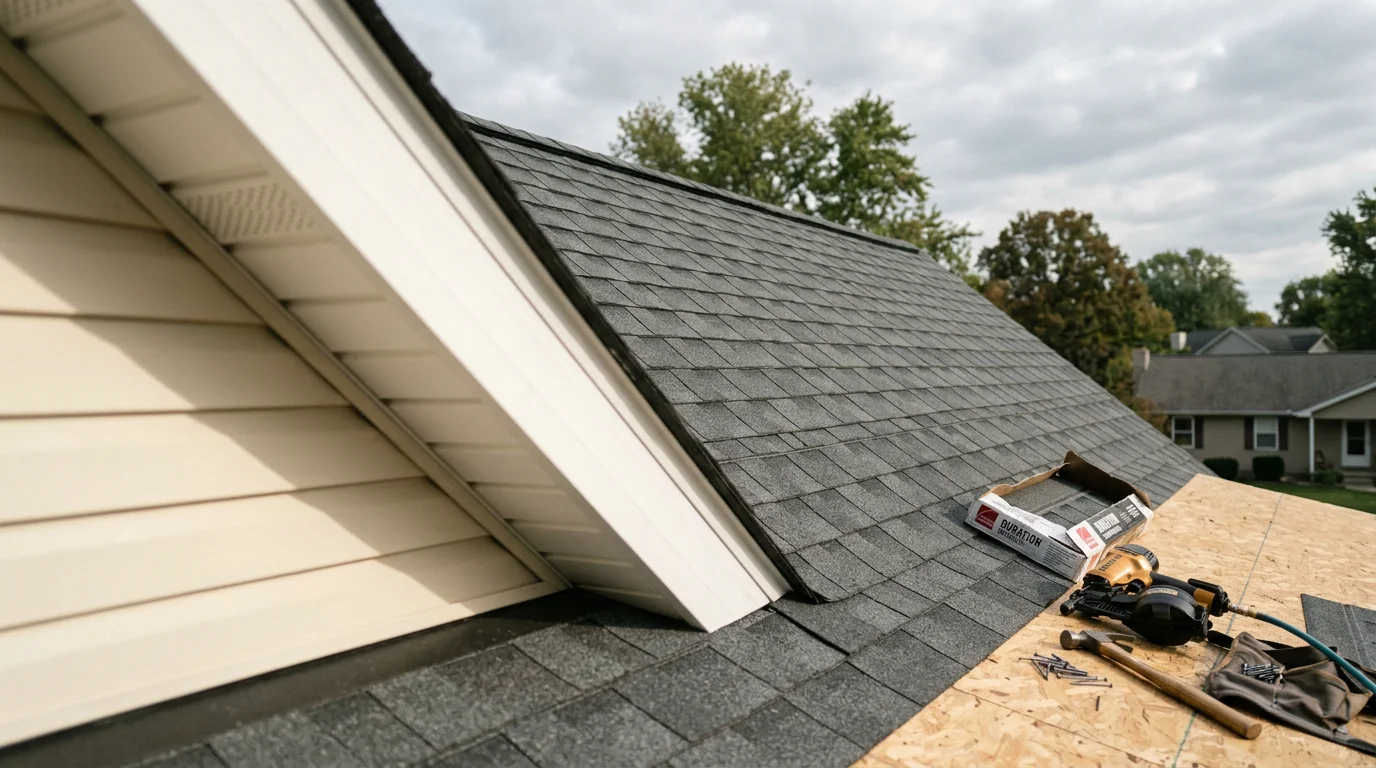 A freshly installed asphalt shingle roof on a residential home in Monroe County, Indiana, showing clean ridge lines and uniform shingle courses. The surrounding landscape reflects the wooded, rolling terrain common to southern Indiana.