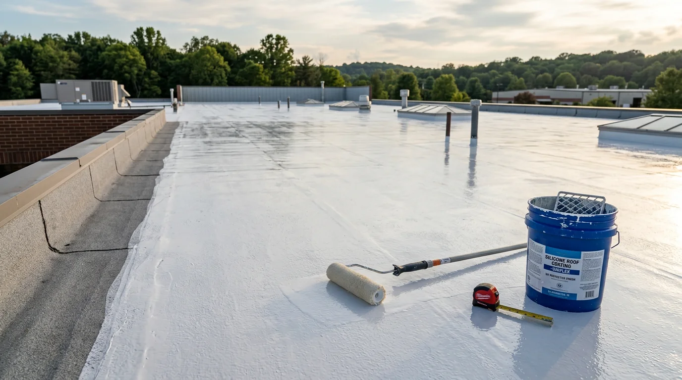 A commercial flat roof in Monroe County, Indiana with a freshly applied white reflective coating covering the full membrane surface. The coating is smooth and seamless, with rooftop mechanical equipment visible in the background against a clear sky.