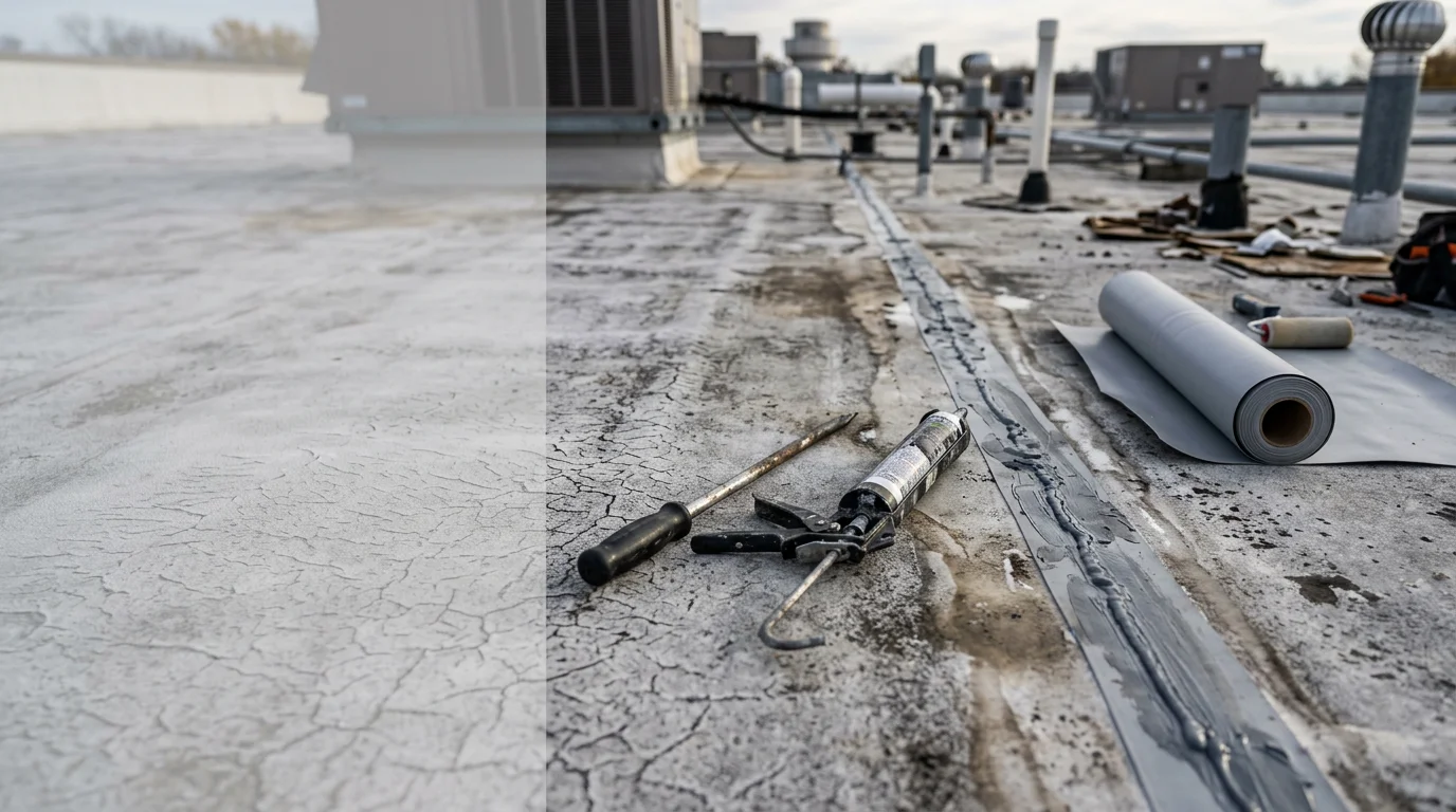 A commercial flat roof in Monroe County, Indiana showing completed repair work along a membrane seam and flashing edge. The repaired surface is clean and sealed against weather exposure.
