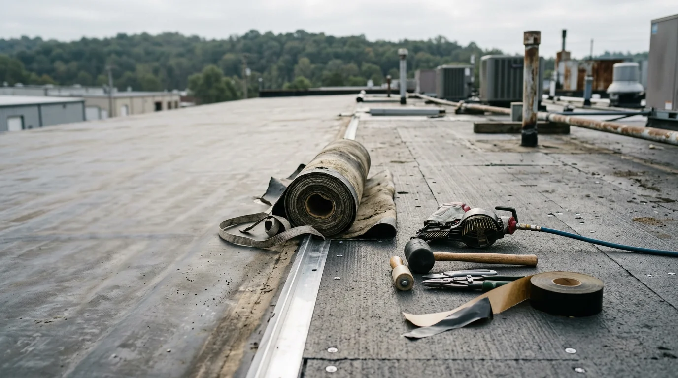 A completed commercial flat roof replacement on a multi-unit building in Monroe County, Indiana, showing clean membrane seams and proper edge flashing. The surrounding area reflects a typical Southern Indiana commercial property setting.