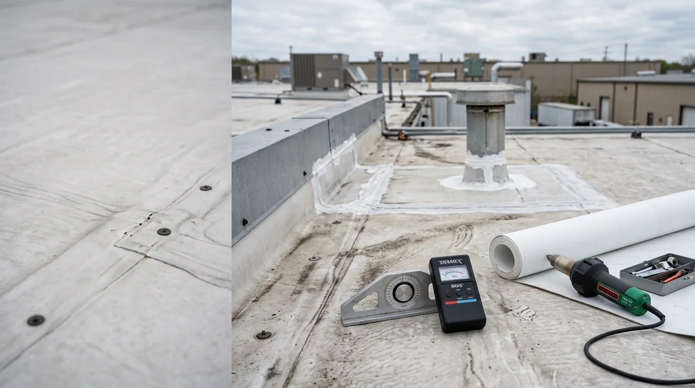 A completed commercial flat roofing system on a low-slope building in Monroe County, Indiana, showing a clean membrane surface with properly positioned roof drains. Urban Shield Roofing crew equipment visible on the rooftop during a commercial installation in the Bloomington area.