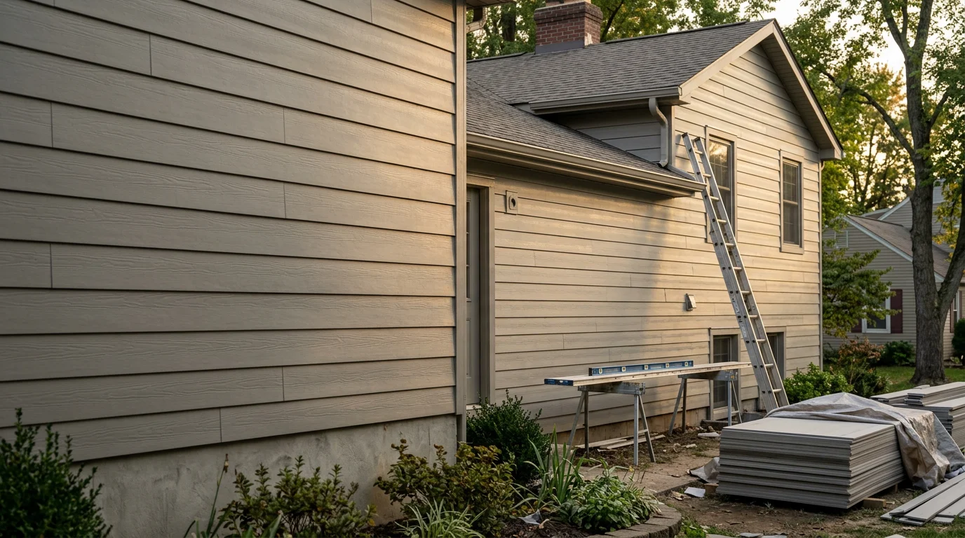Freshly installed fiber cement siding on a residential home in Monroe County, Indiana, showing clean panel lines and a wood-grain texture finish. The exterior reflects a completed installation with consistent color and tight trim work around windows and corners.