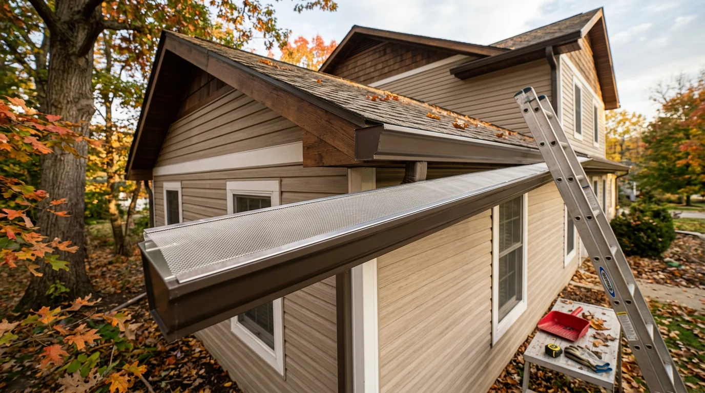 Gutter guard installed along the roofline of a residential home in Monroe County, Indiana, with autumn leaves resting on top of the guard while the gutter channel below remains clear. Close-up view showing the guard profile against a wooded background typical of the southern Indiana landscape.