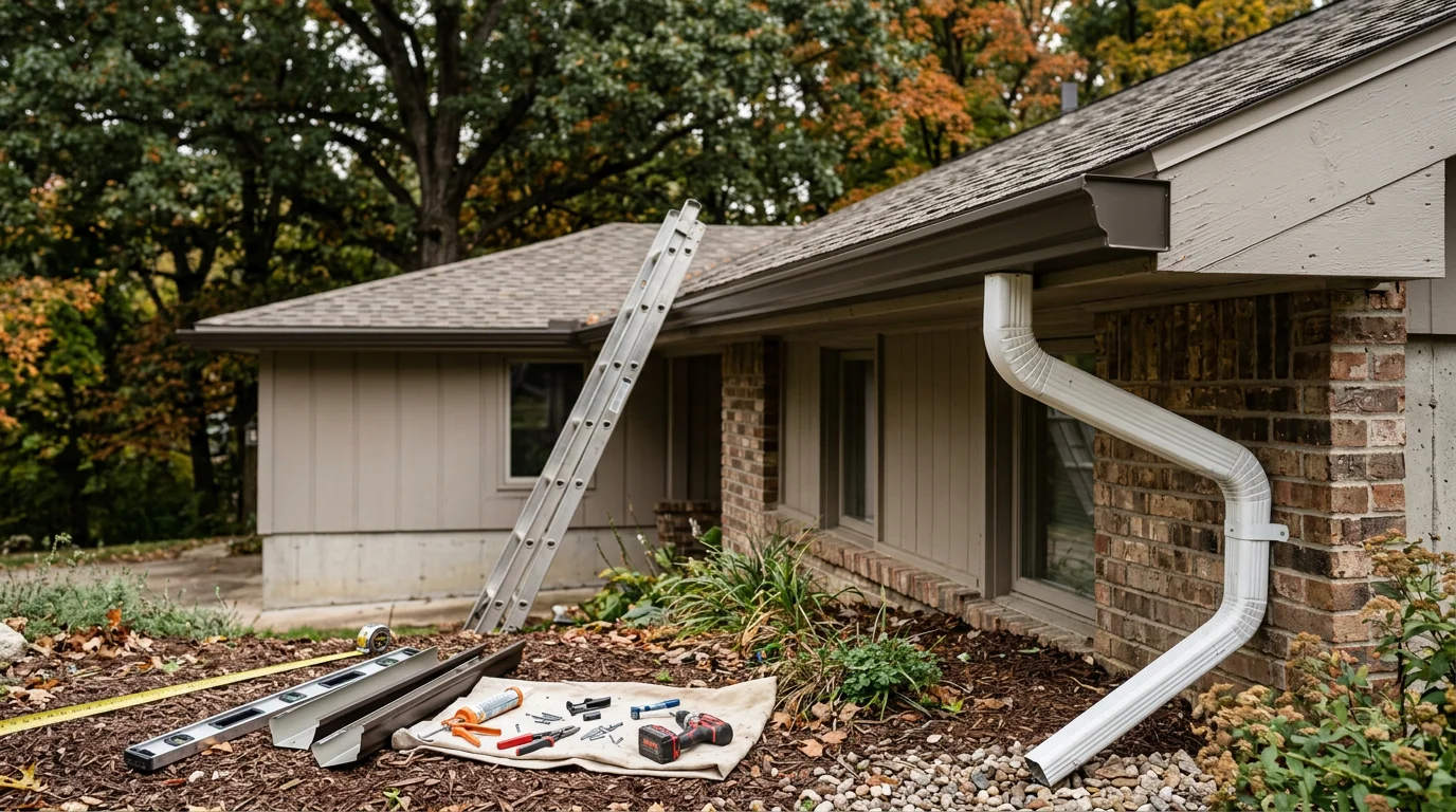 Newly installed gutters running along the roofline of a residential home in Monroe County, Indiana, with downspouts directing water away from the foundation. The system is clean, properly pitched, and flush against the fascia on a typical Southern Indiana property.