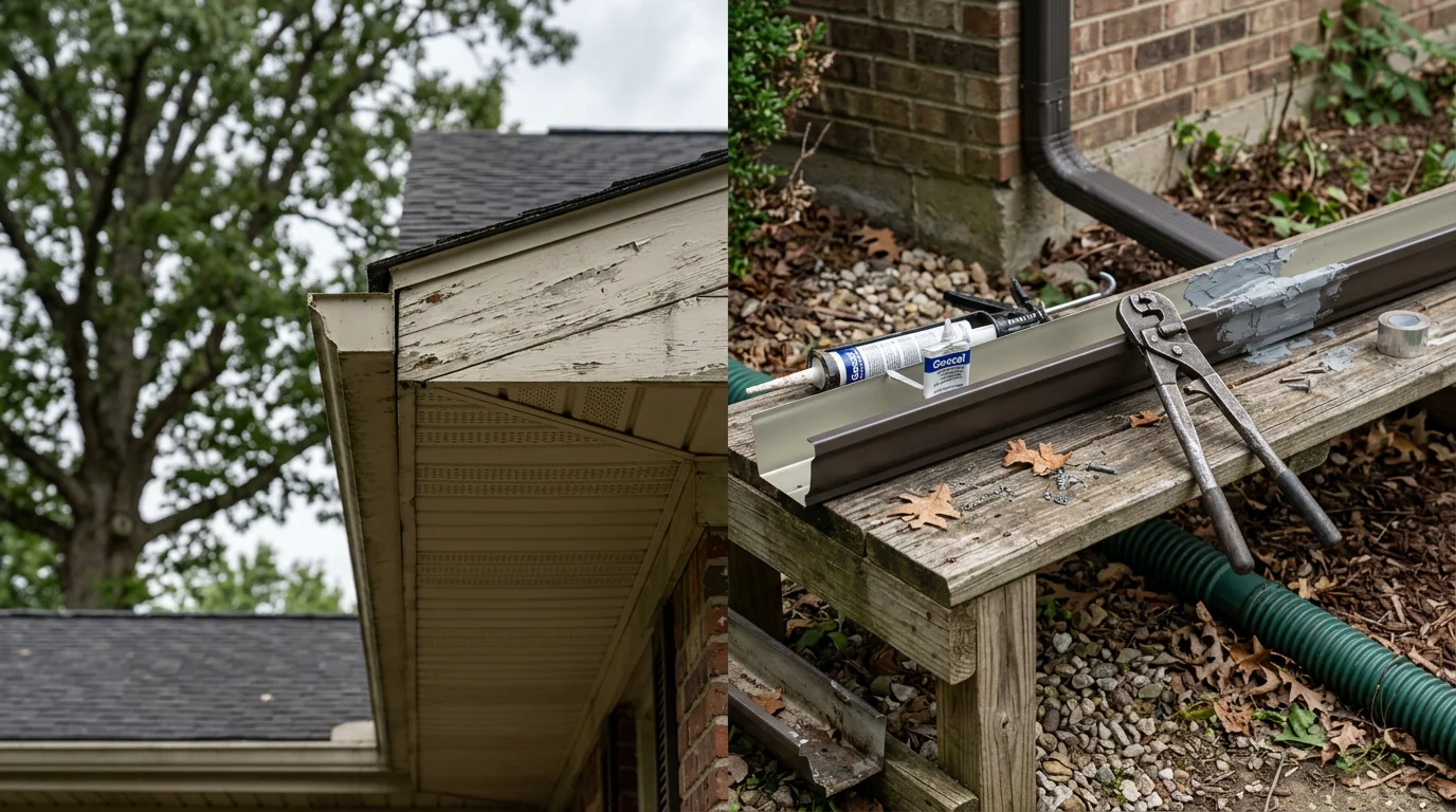 A repaired residential gutter system on a home in Monroe County, Indiana, with resecured hangers and clean downspouts directing water away from the foundation. Close-up view shows a properly pitched gutter run along a shingled roofline after professional repair.