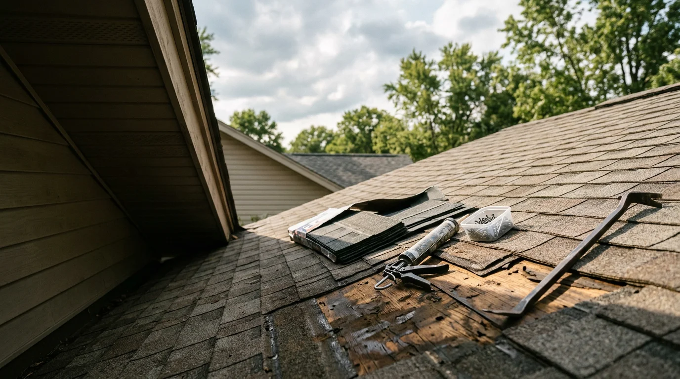A residential roof in Monroe County, Indiana showing a completed shingle and flashing repair on a two-story home. The repaired section blends with the surrounding roof surface against a backdrop of tree-lined Indiana terrain.