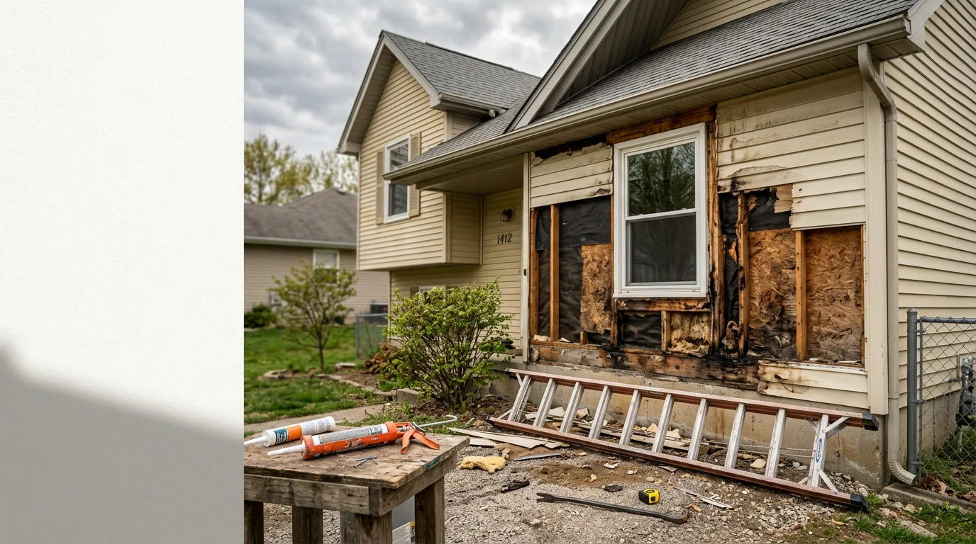 Close-up of a repaired exterior siding section on a residential home in Monroe County, Indiana, showing sealed panels and trim with no visible gaps or damage. The surrounding wall and window flashing appear intact against a typical southern Indiana residential backdrop.