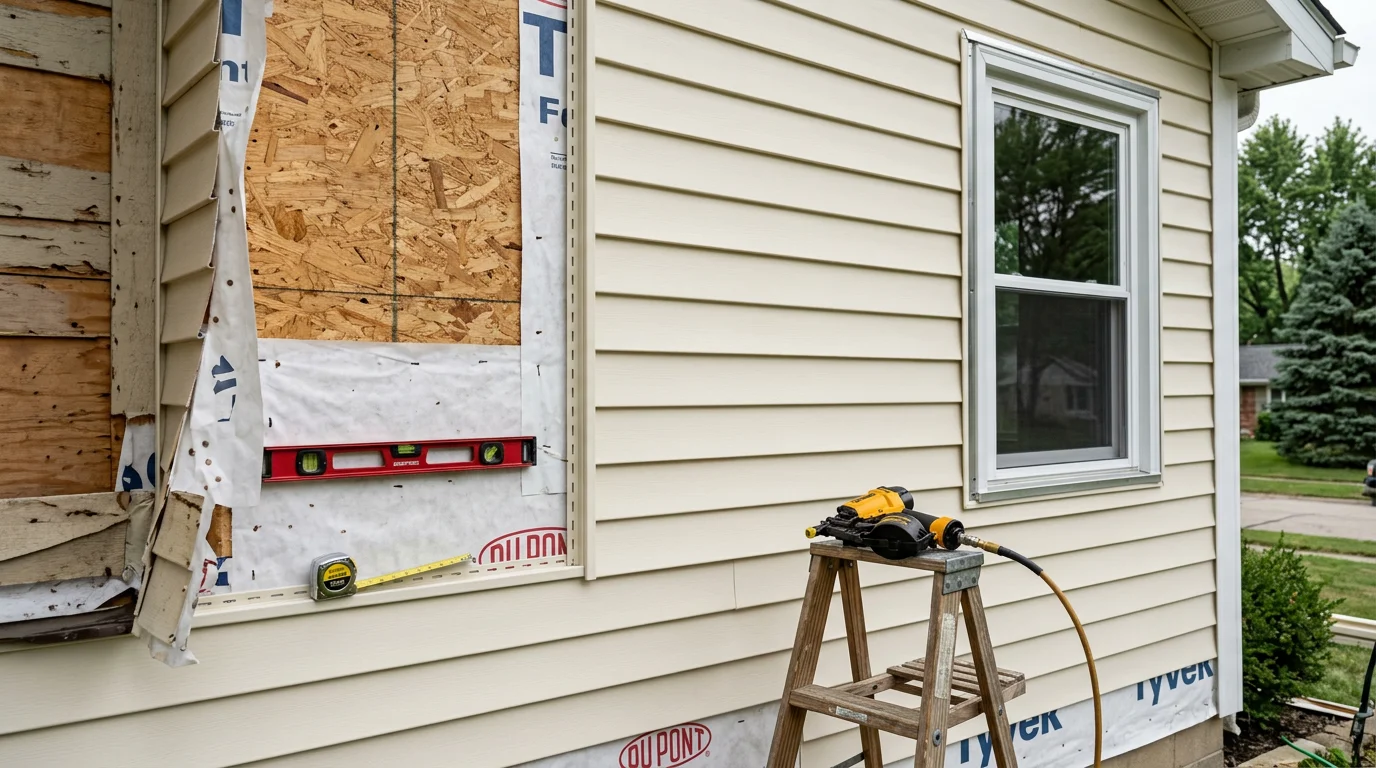 Freshly installed vinyl siding on a residential home in Monroe County, Indiana, showing clean panel lines, finished corner trim, and a tight fit around window frames. The exterior reflects a completed professional installation on a typical Indiana single-family home.