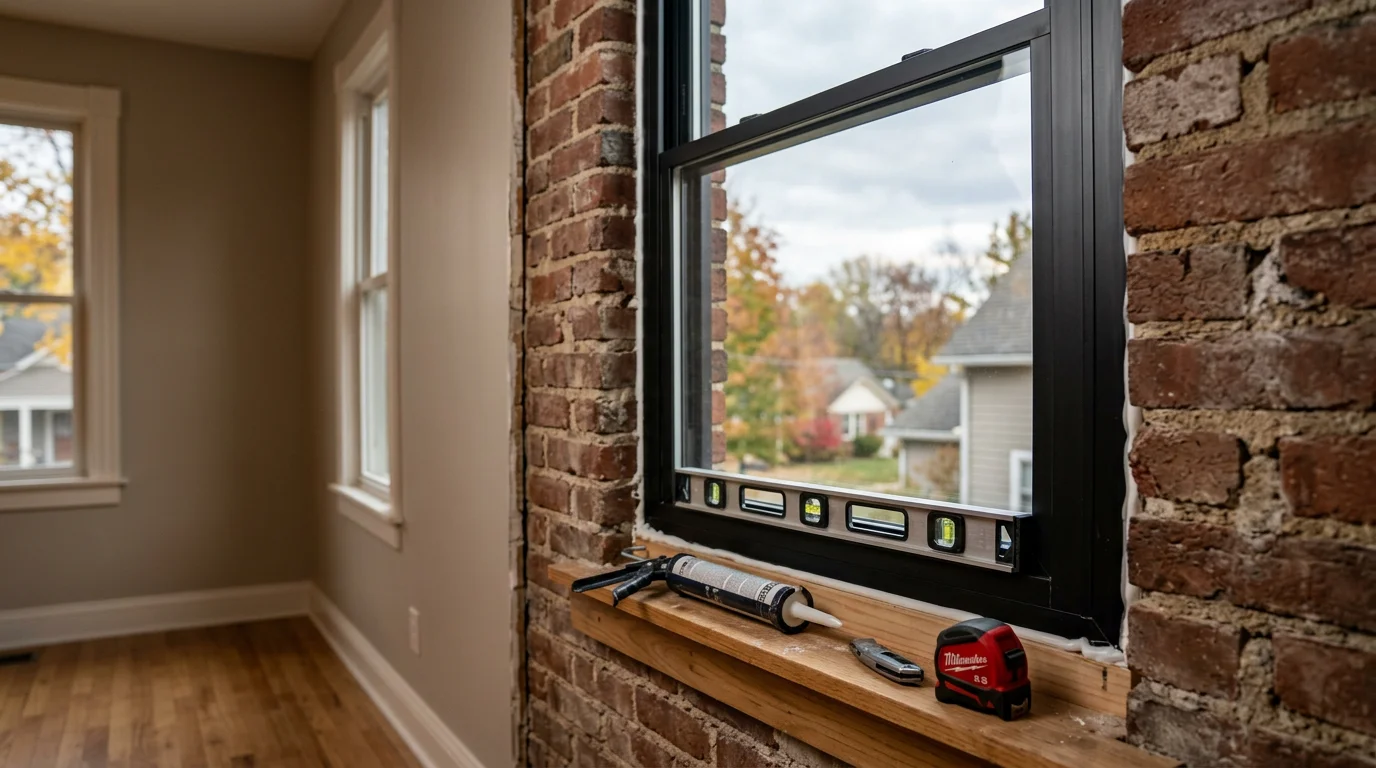 A Monroe County home with newly installed replacement windows, showing clean frames and clear glass against the exterior siding. The windows are fully sealed and flush with the wall, reflecting the surrounding Indiana landscape.
